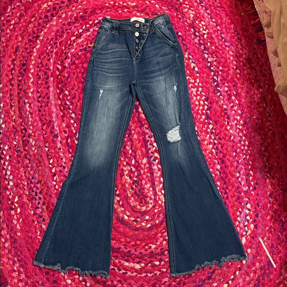 Kancan High-Rise Distressed Flare Jeans in Dark Blue